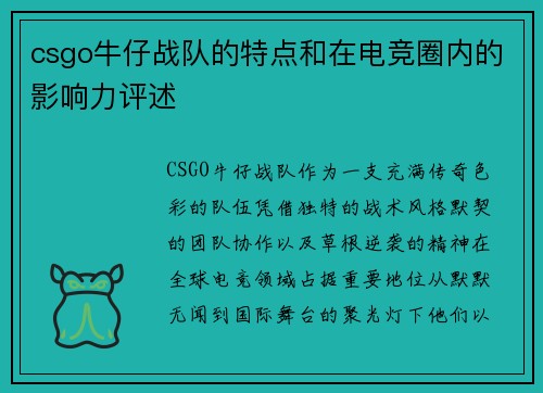 csgo牛仔战队的特点和在电竞圈内的影响力评述